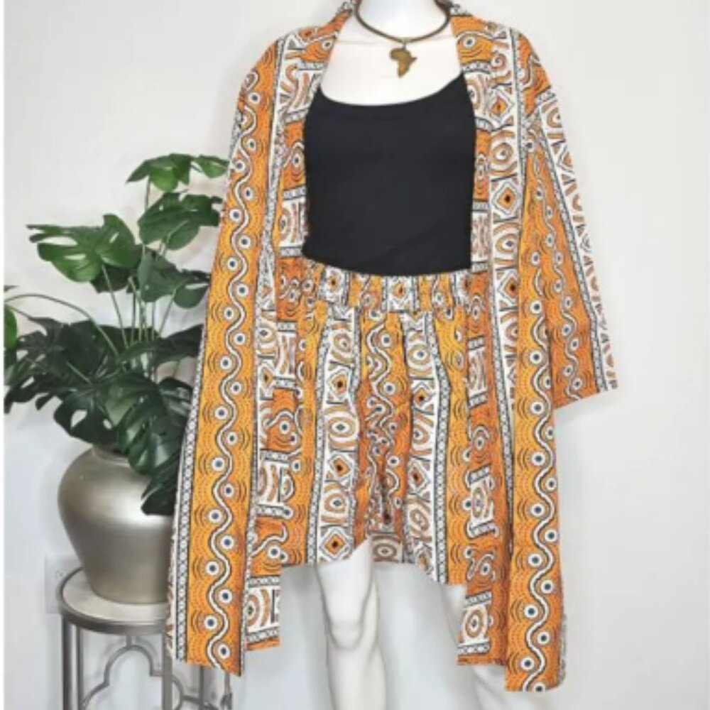 African Print Kimono Duster Set: Wide Leg Shorts, Belt & Headwrap